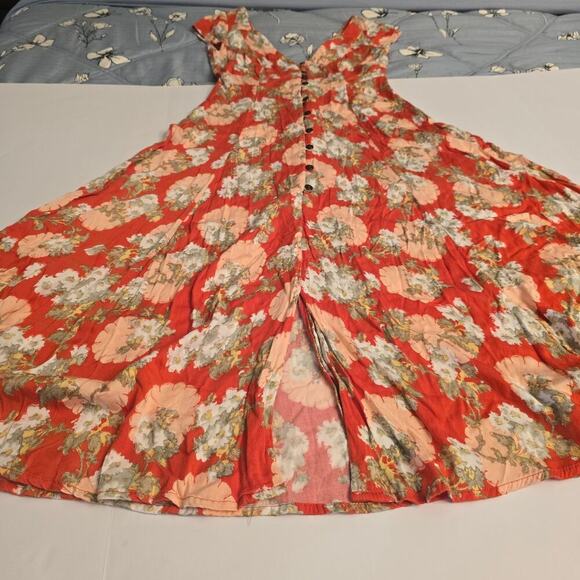 Urban Outfitters Coral Floral Babydoll Midi Dress V-Neck Cap Sleeve Button Sz XS - Picture 11 of 11